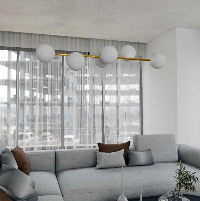 Lampa wisząca Gravity 6 złota z mlecznymi kulami E14