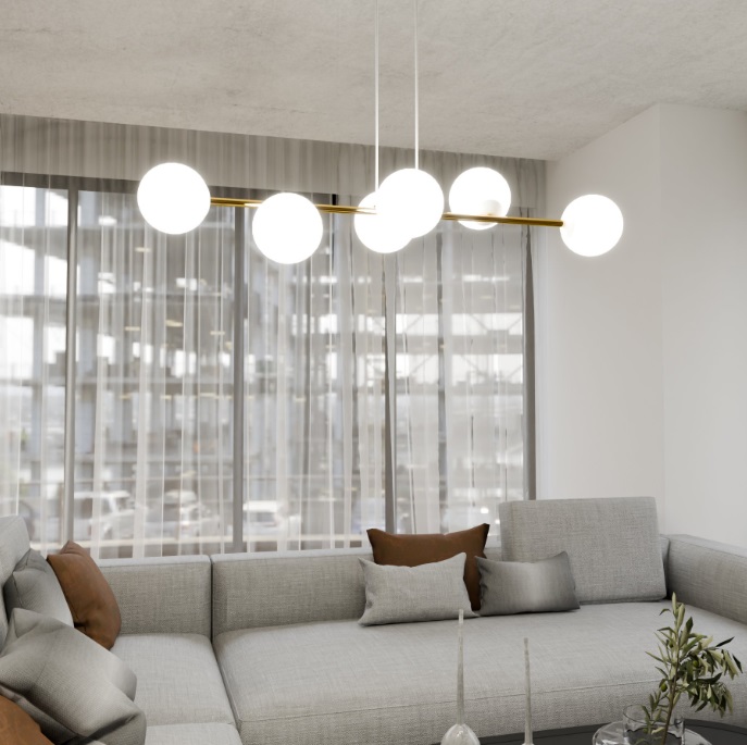 Lampa wisząca Gravity 6 złota z mlecznymi kulami E14