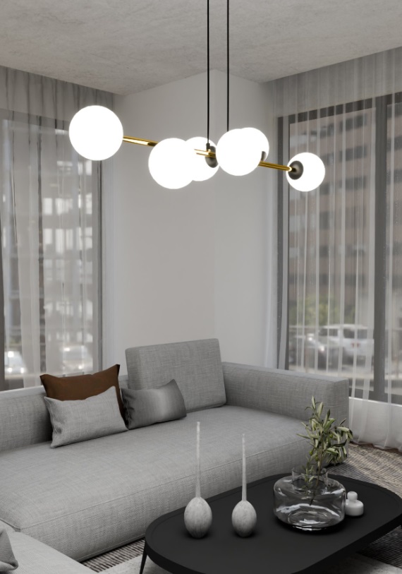 Nowoczesna lampa wisząca Gravity 6 z sześcioma szklanymi kulami E14