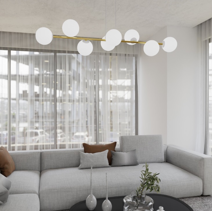 Złota lampa wisząca Gravity 8 z mlecznymi kulami E14