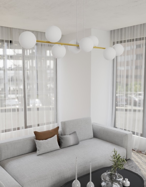 Złota lampa wisząca Gravity 8 z mlecznymi kulami E14