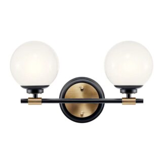 Podwójny kinkiet łazienkowy Benno czarno‑złoty z mlecznymi kulami IP44