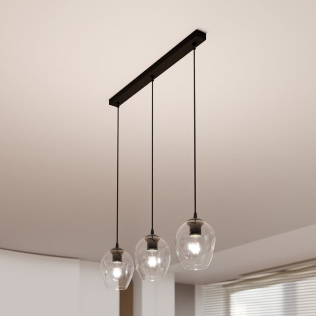 Lampa wisząca Istar 3 Premium — potrójne oświetlenie nad stół z przezroczystymi szklanymi kloszami