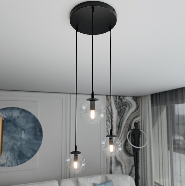 Lampa wisząca Cosmo Premium 3 z trzema kloszami ze szkła bezbarwnego