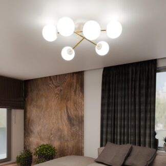 Żyrandol Magnum 6 biało‑złoty ze szklanymi kloszami do niskich pomieszczeń