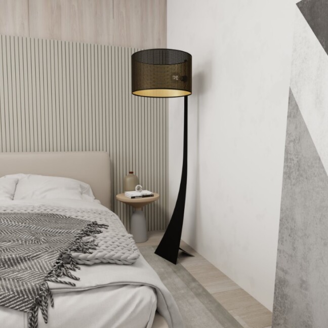 Lampa podłogowa Estrella czarno‑złota z ażurowym kloszem E27 15W