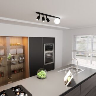 Czarny plafon sufitowy Baster 4 z białą kulą i trzema regulowanymi reflektorami