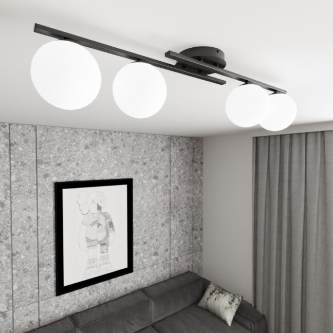 Lampa sufitowa Kairo 4 czarna – podłużna z białymi szklanymi kloszami