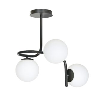 Nowoczesny czarny żyrandol Kalf 3 z trzema mlecznymi kulami na spiralnym ramieniu