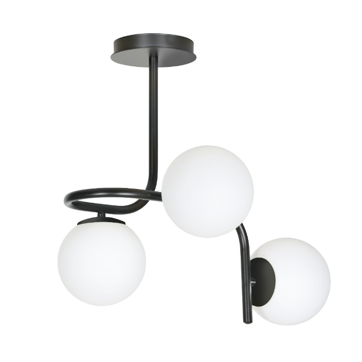 Nowoczesny czarny żyrandol Kalf 3 z trzema mlecznymi kulami na spiralnym ramieniu