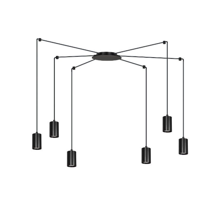 Czarna lampa wisząca Traker 6 z sześcioma regulowanymi tubami GU10