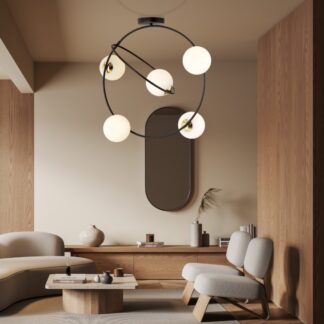 Żyrandol Stardom czarno‑złoty z 5 mlecznymi kulami E14