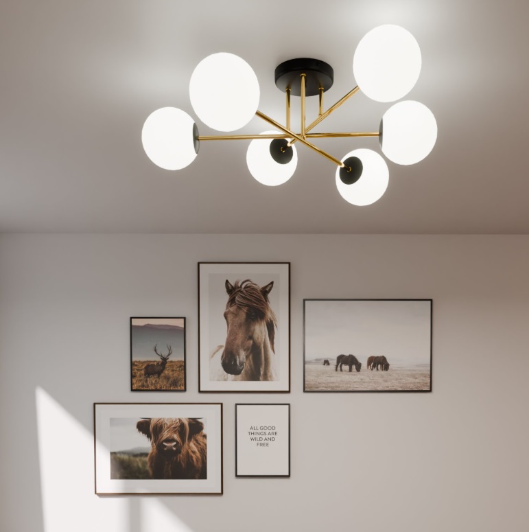 Żyrandol Magnum 6 art deco złoto-czarny z białymi kloszami