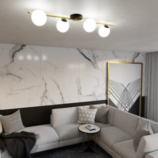Nowoczesna lampa sufitowa Splendi 4 czarno‑złota z 4 mlecznymi kloszami E14