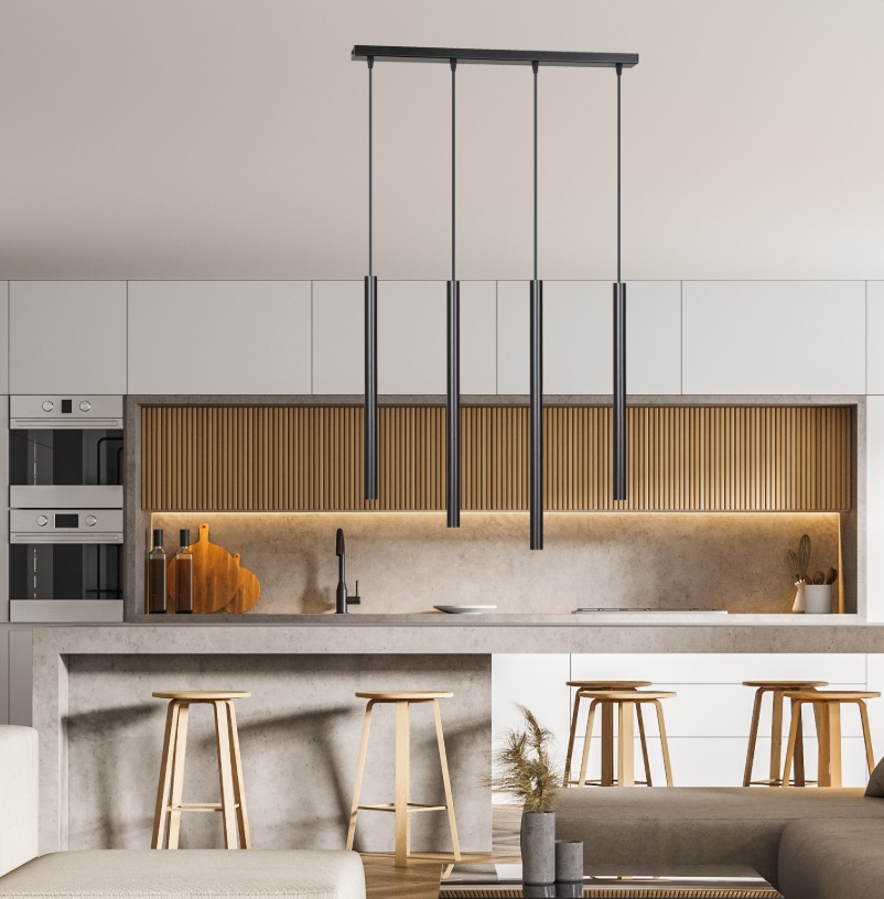 Lampa wisząca Selter 4 nad wyspę – czarne tuby LED G9, nowoczesny design