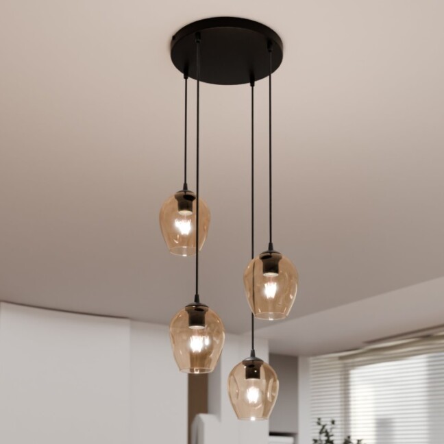 Lampa wisząca Istar Premium 4 z bursztynowym szkłem E27 – czarna, do salonu i jadalni