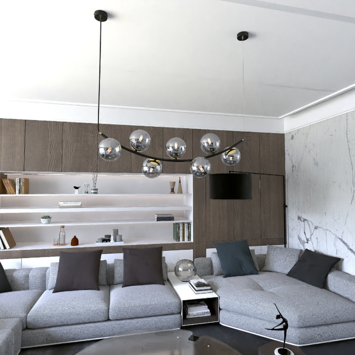 Lampa wisząca Ritz z 7 grafitowymi kulami na eleganckim łuku