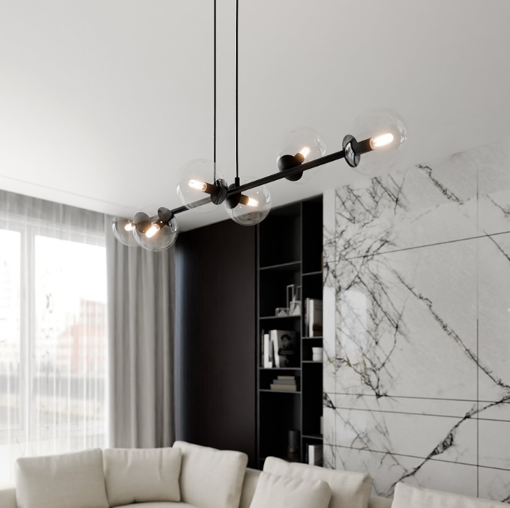 Lampa wisząca Rossi 6 nad stół – czarna z przezroczystymi kloszami E14