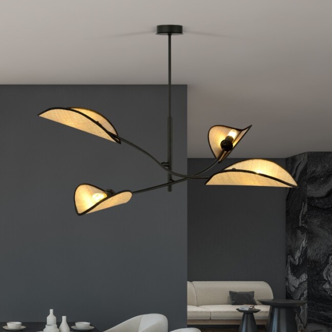Lampa sufitowa boho Lotus 4 z rattanowymi kloszami i regulowanymi ramionami