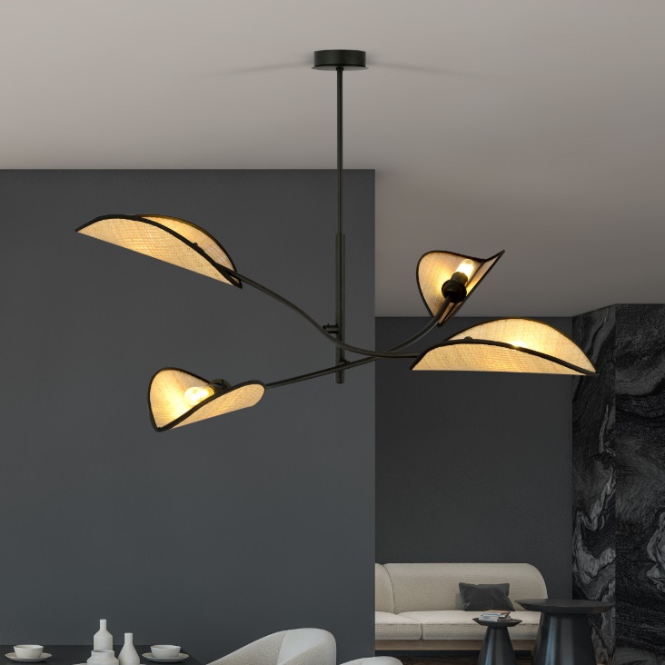 Lampa sufitowa boho Lotus 4 z rattanowymi kloszami i regulowanymi ramionami