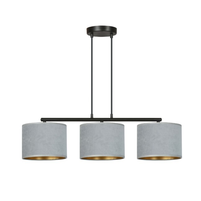 Lampa wisząca Hilde 3 z szarymi welurowymi kloszami i złotym wnętrzem