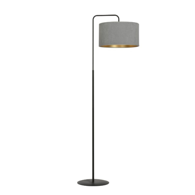 Lampa podłogowa Hilde z welurowym szarym abażurem i złotym wnętrzem