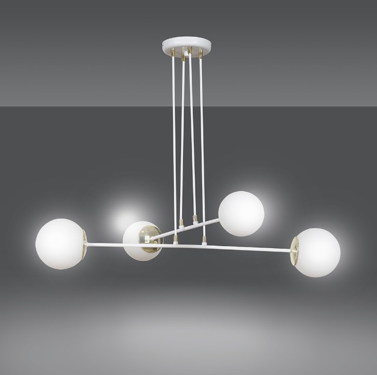 Biała lampa wisząca Ognis 4 z czterema kloszami i złotymi akcentami