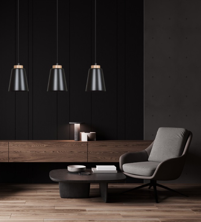Czarna lampa wisząca Bolero 3 z drewnianą listwą i trzema kloszami E27