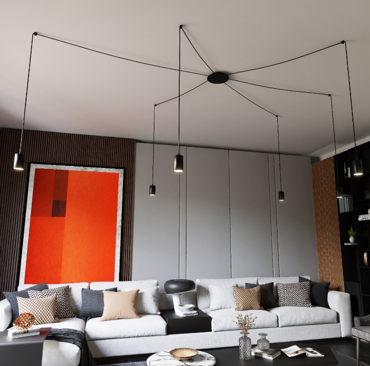 Czarna lampa wisząca Traker 6 z sześcioma regulowanymi tubami GU10