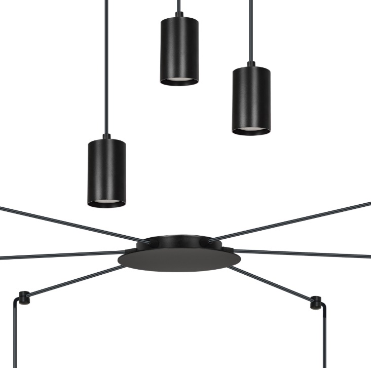 Czarna lampa wisząca Traker 6 z sześcioma regulowanymi tubami GU10