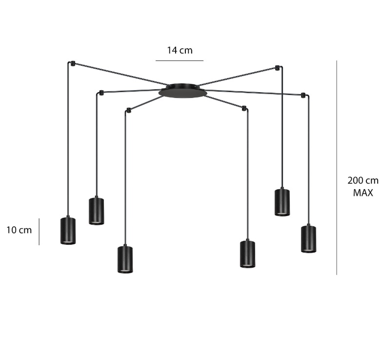 Czarna lampa wisząca Traker 6 z sześcioma regulowanymi tubami GU10