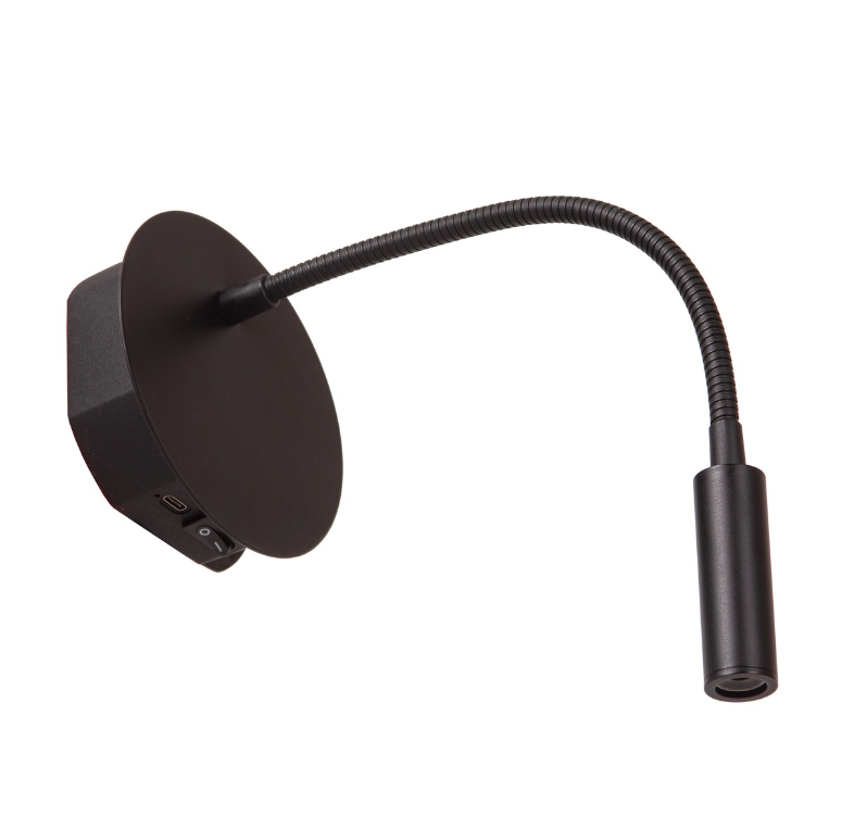 Czarny kinkiet LED Jolijn z elastycznym ramieniem, włącznikiem i portem USB-C