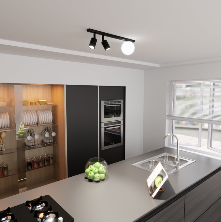 Czarny plafon Baster 3 z kulą i regulowanymi reflektorami do kuchni