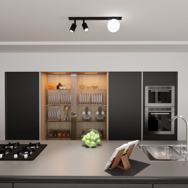 Czarny plafon Baster 3 z kulą i regulowanymi reflektorami do kuchni