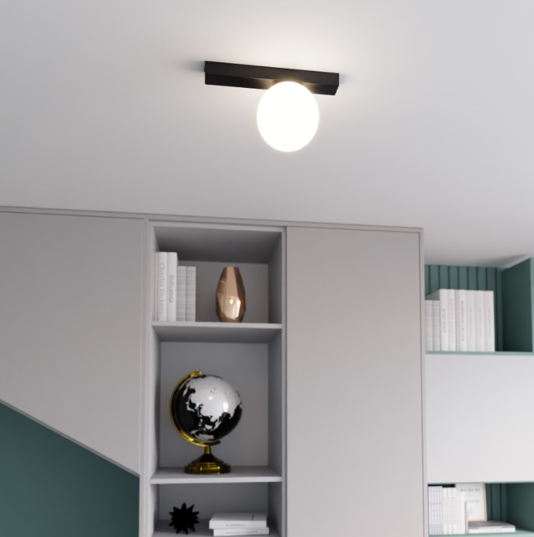 Czarny plafon ścienno-sufitowy Fit z mleczną kulą E14 IP20