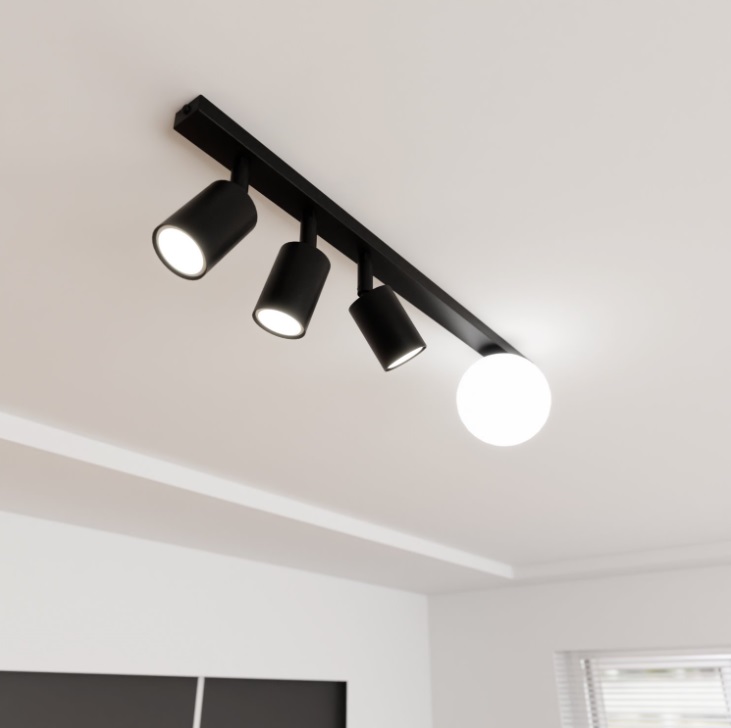 Czarny plafon sufitowy Baster 4 z białą kulą i trzema regulowanymi reflektorami