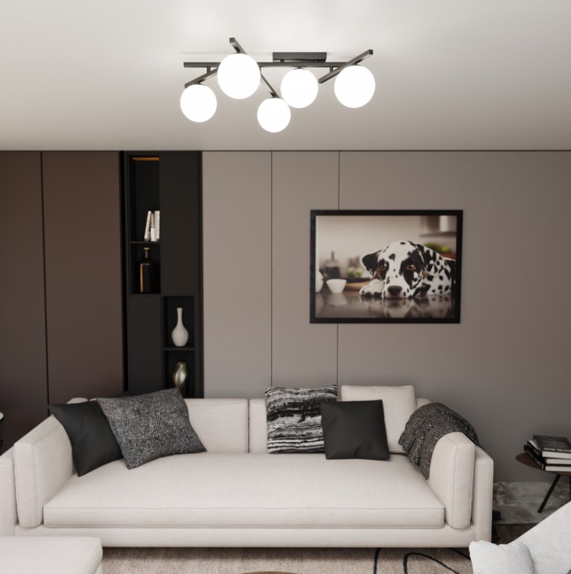 Geometryczny żyrandol Smart 5 z mlecznymi kulami E14 – regulowane ramiona, 5 źródeł światła