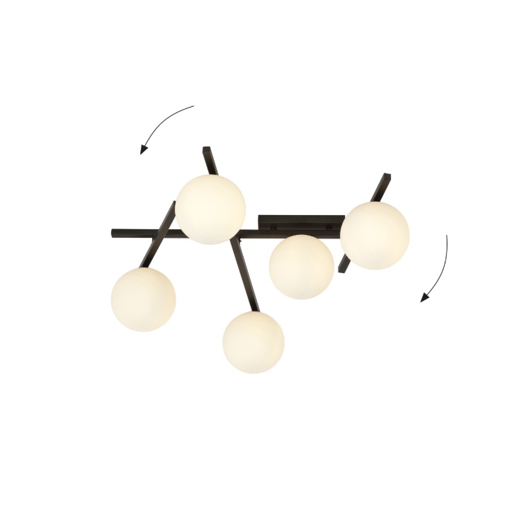 Geometryczny żyrandol Smart 5 z mlecznymi kulami E14 – regulowane ramiona, 5 źródeł światła