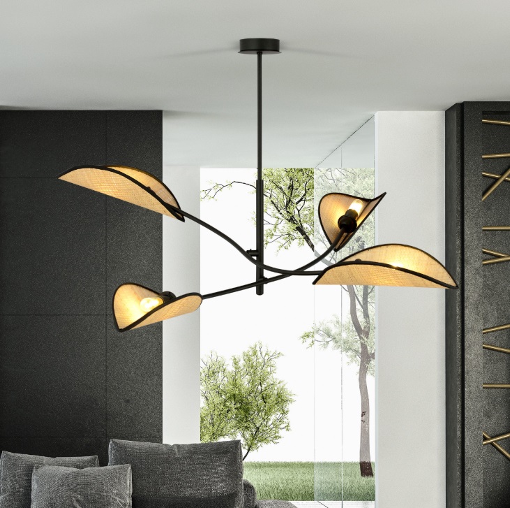 Lampa sufitowa boho Lotus 4 z rattanowymi kloszami i regulowanymi ramionami