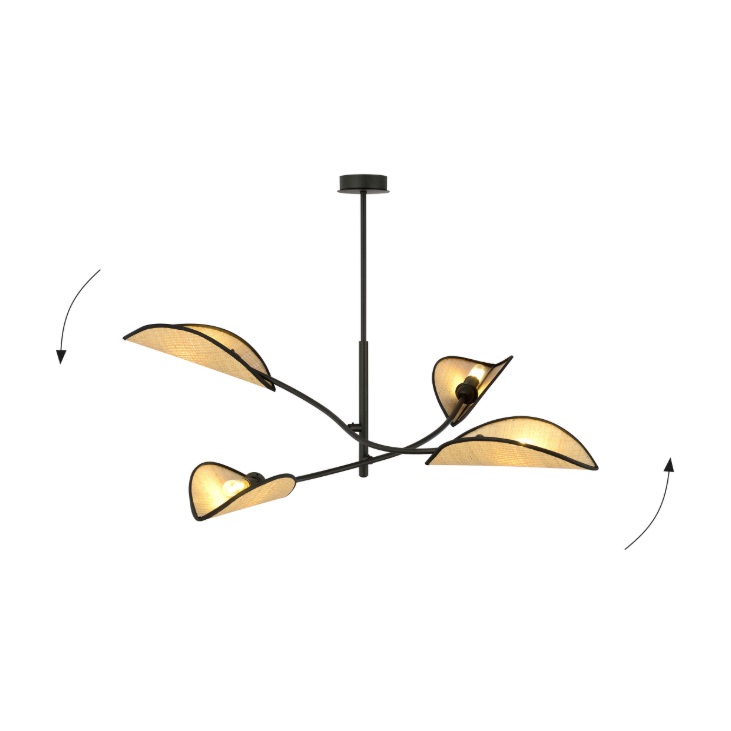 Lampa sufitowa boho Lotus 4 z rattanowymi kloszami i regulowanymi ramionami