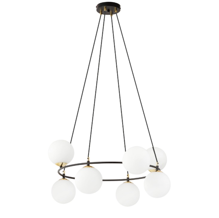 Lampa wisząca Azura 8 z mlecznobiałymi kloszami i złotymi akcentami