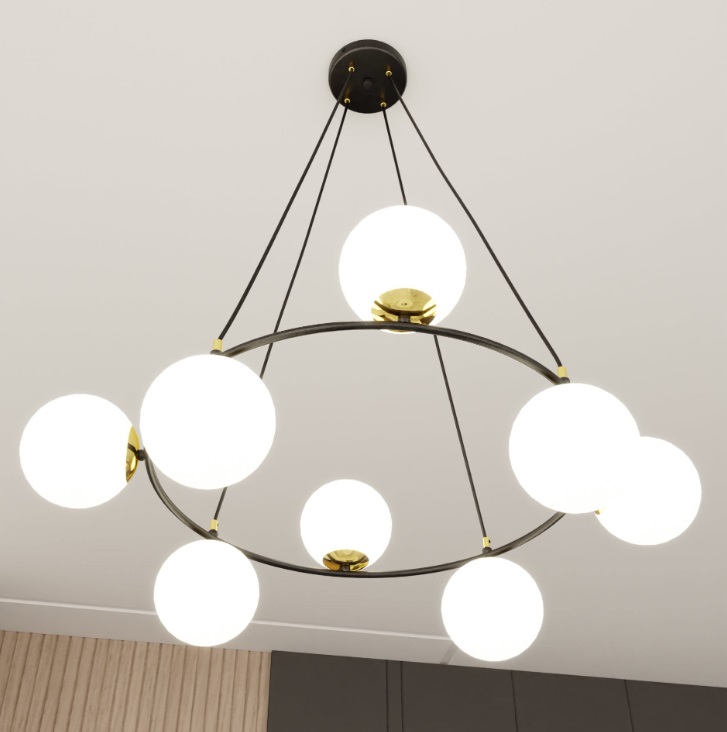 Lampa wisząca Azura 8 z mlecznobiałymi kloszami i złotymi akcentami