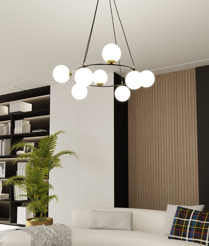 Lampa wisząca Azura 8 z mlecznobiałymi kloszami i złotymi akcentami