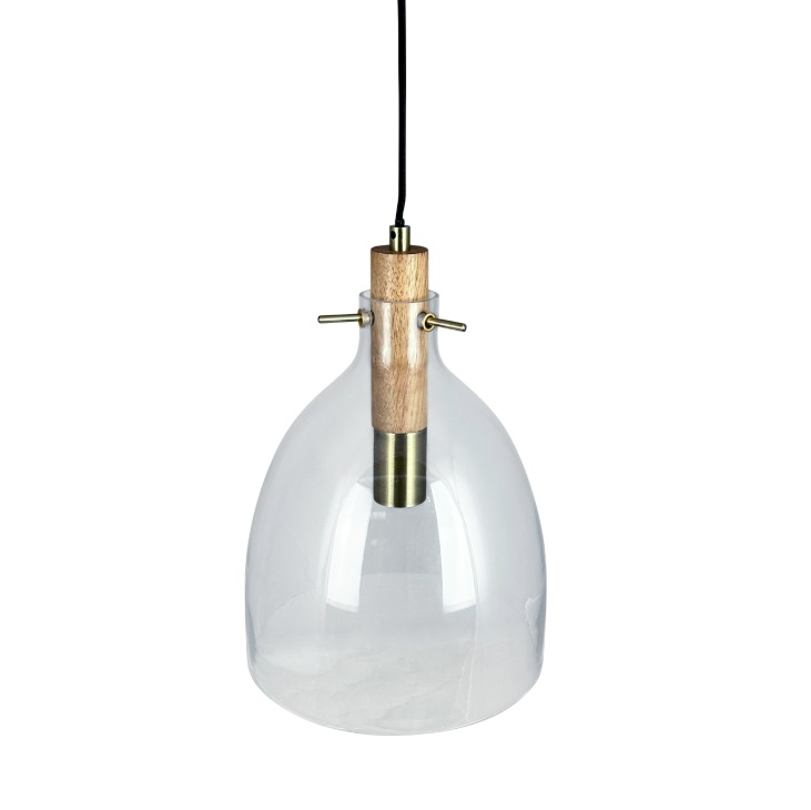 Lampa wisząca Bistro 25 z drewnianym detalem i szklanym kloszem E27