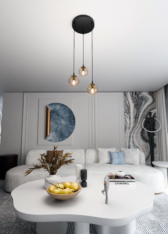 Lampa wisząca Cosmo Premium 3 z trzema beżowymi szklanymi kloszami