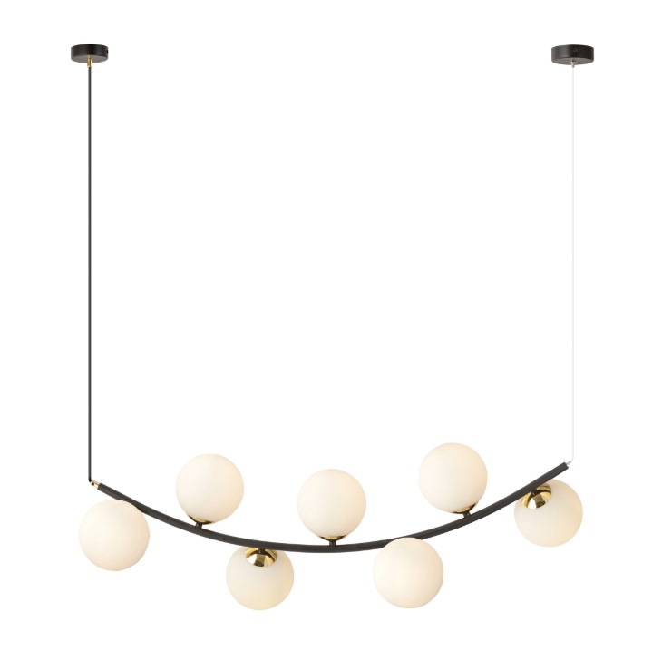 Lampa wisząca Ritz z 7 mlecznymi kulami i złotymi detalami