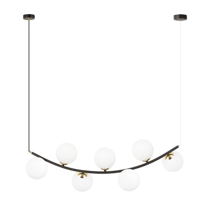 Lampa wisząca Ritz z 7 mlecznymi kulami i złotymi detalami