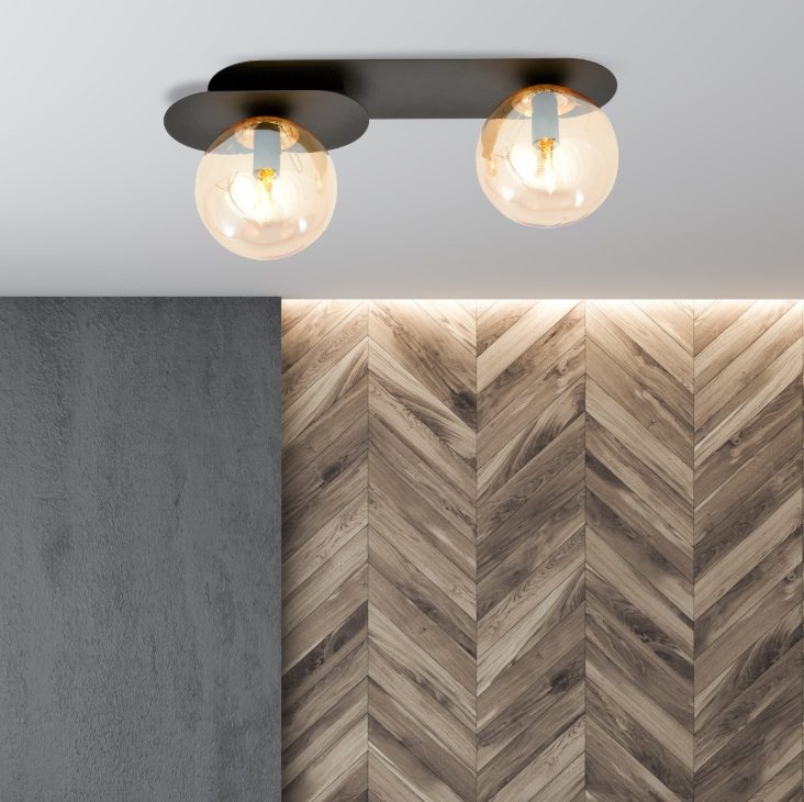 Plafon sufitowy Plaza 2 z bursztynowymi kloszami – elegancka lampa z czarną matową podstawą