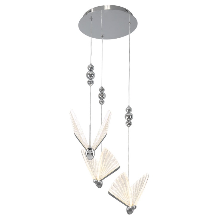 Srebrna lampa wisząca LED Mariposa 3 CCT art deco z motywem motyli