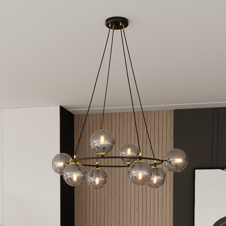 Żyrandol Azura 6 z sześcioma szklanymi kulami w srebrno-grafitowym wykończeniu